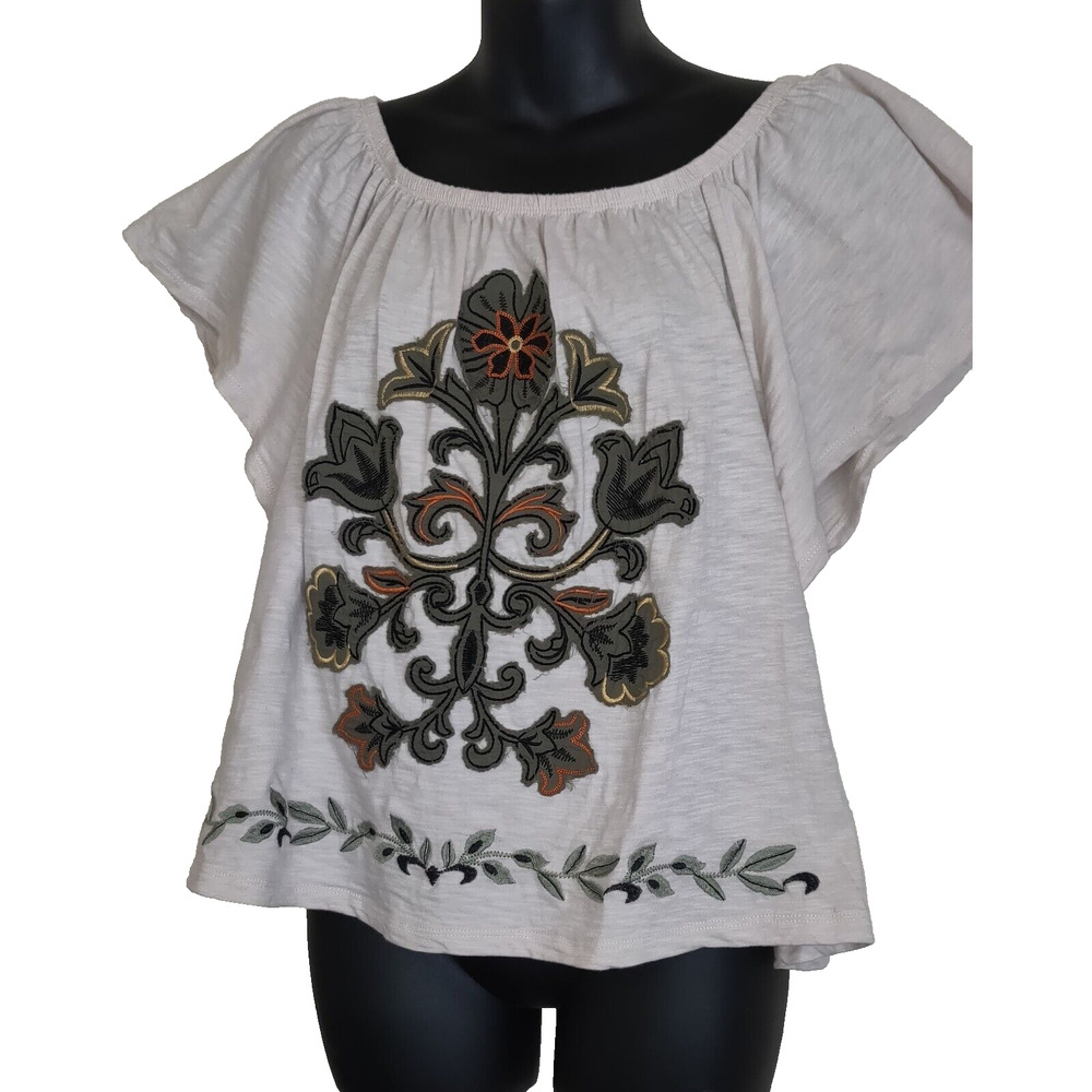 Democracy Peasant Top Sz L Boho Gypsy Off White Beige Flutter Sleeve Runs Small - Picture 4 of 16